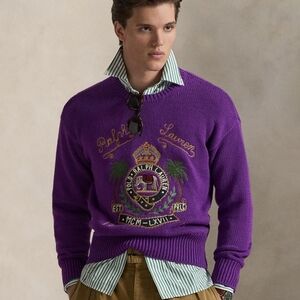 Ralph Lauren Purple Crewneck Sweater with Embroidered Crest Lg , Xxl available